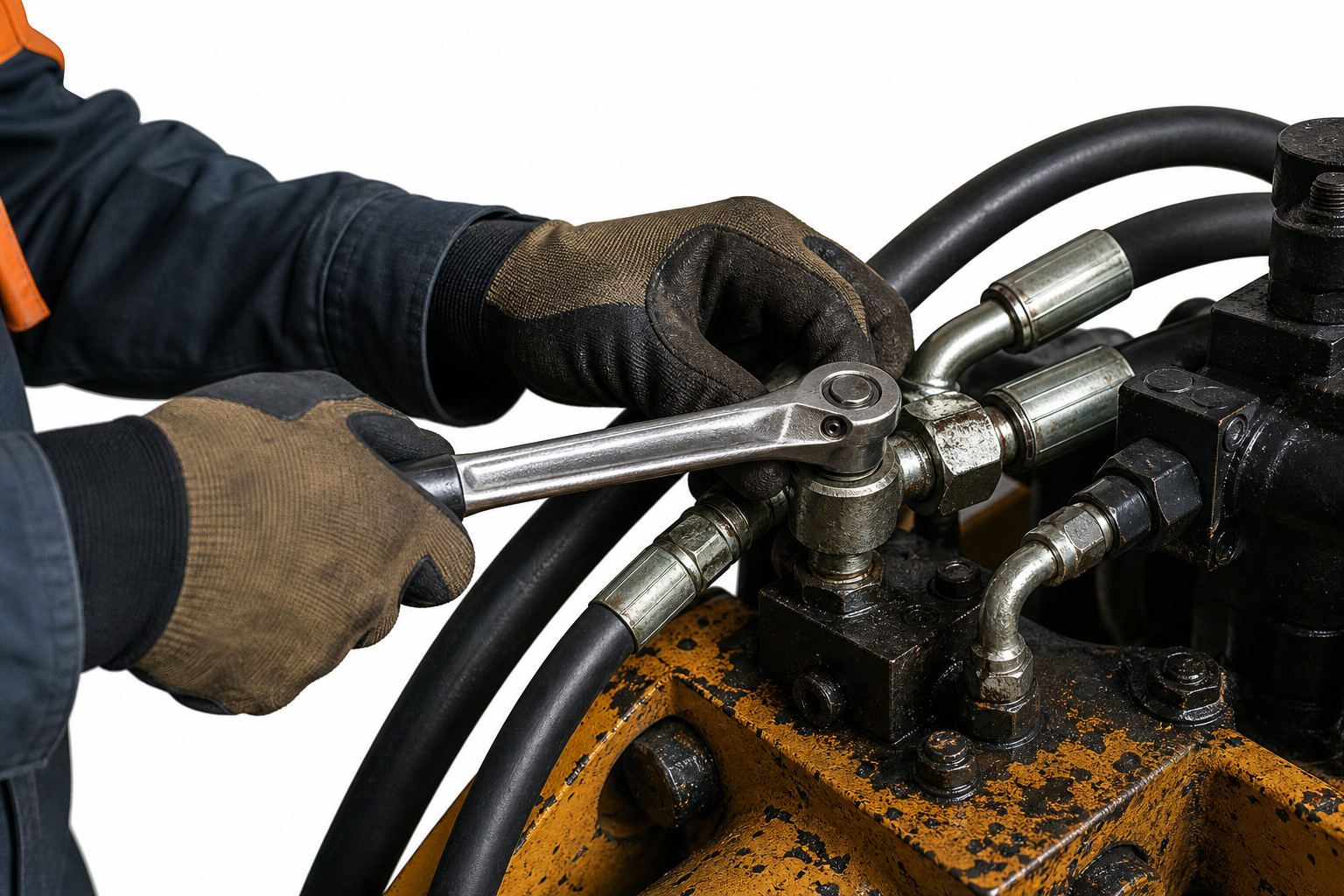 Technician pressure-testing a hydraulic pump under work lights